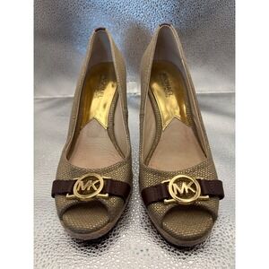 Michael Michael Kors Gold Metallic Espadrille Wedge Peep Toe Pumps MK Logo